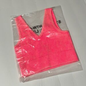 Zenana Outfitters Neon Pink Ribbed V-Neck Crop Tank